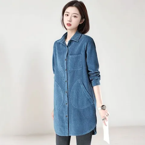 [하프클럽] (55~88)빅포켓골덴셔츠점퍼 체크자켓 카라점퍼 반코트 간절기여성점퍼 40대 50대 엄마옷