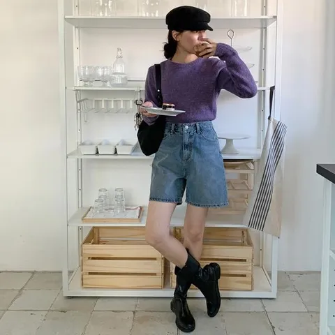 [하프클럽/브이와이]여자 민무늬 보라색 FW 라운드넥니트 긴팔티