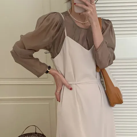 [브리치]  / 라운드넥 주름 시스루 텐셜셔츠 블라우스 975940