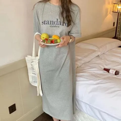 [하프클럽/여자 레터링 포인트 라운드넥 반팔 롱 원피스