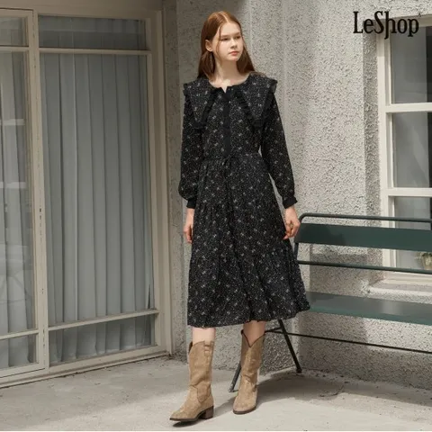 정상가:89,000원 ㅣ 플라워 패턴 프릴 카라 긴팔 원피스 (DP3OW023A)