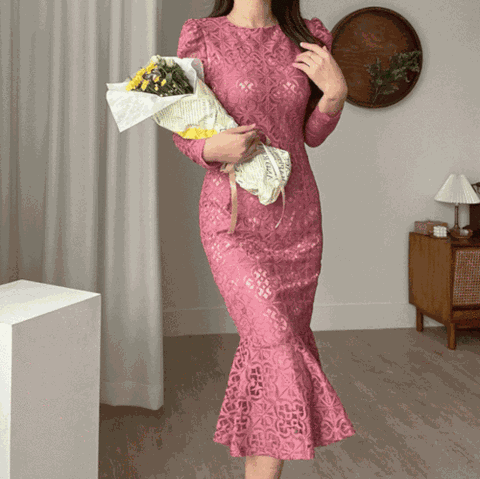 [하프클럽/엘린무드]마렌느 레이스 머메이드 프릴 롱 날씬 스판 쫀쫀 고퀄 아나운서 오피스 고퀄 가을 원피스2color