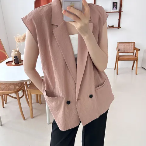 여자 여름베스트 버튼 롱카라 힙커버 뒤트임 조끼