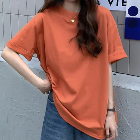 여성 기본티 이너 반팔티 레이어드 티셔츠 오렌지색 여성반팔티셔츠 라운드반팔티셔츠