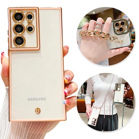 갤럭시S23 플러스 울트라 골드프레임 스트랩 투명 젤리 케이스