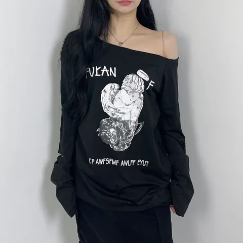 빈티지 엔젤 루즈핏 오프숄더 체인 긴팔 티셔츠 루즈핏티셔츠 빈티지박스티 오프숄더티셔츠