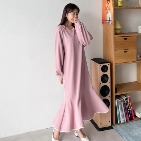 [다잇템] 여자 U넥 롱슬리브 분홍색 맨투맨 롱원피스