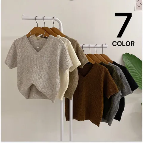 [브리치]  / 이셜 꽈배기 브이넥 세미크롭 반팔 니트/ 7컬러