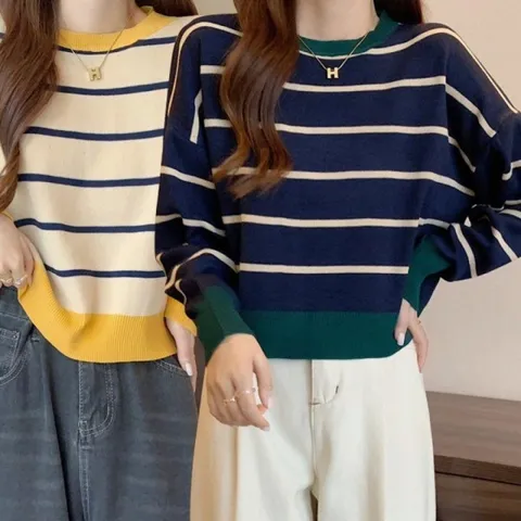 [하프클럽/모노무드]MNO 우먼 컴포트룩 트렌드스트라이프 줄무늬 크루넥 뜨개탑 티 스타일링 리복 스웻셔츠 오