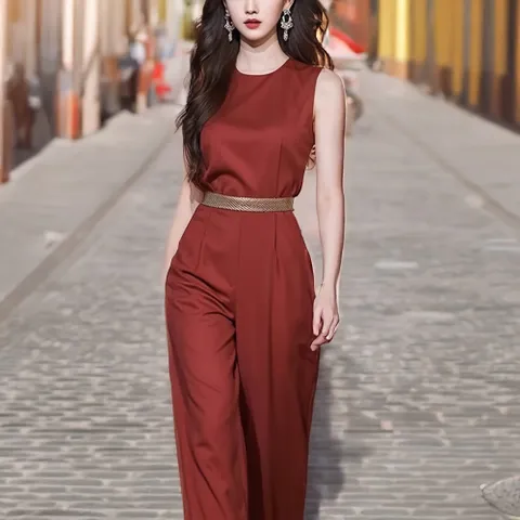 여성 여름 슬림 민소매 레드 와이드 점프 슈트