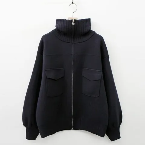 [하프클럽] 루즈 여성 하이넥 집업 벌룬소매 간절기 아우터 포켓 가디건 DGB-WCD-2613-네이비