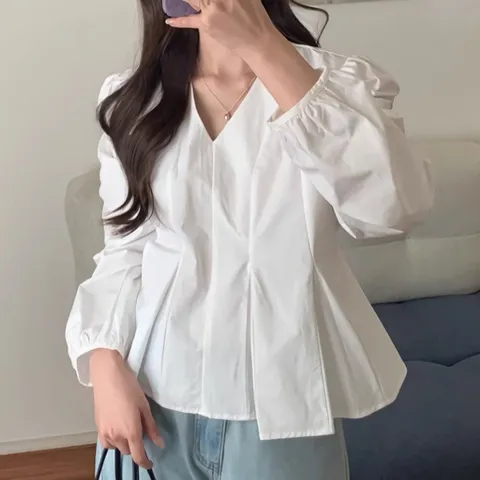 [디작소] 여성 봄 데일리 누누 핀턱 퍼프 블라우스