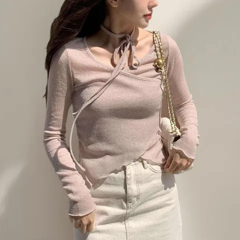 [신상오픈런] 여성 언발 랩 니트 초커 스트랩 긴팔 율동핏