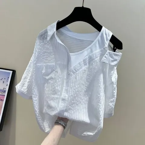 [하프클럽/휴드]레펠 스트라이프 오프 숄더 셔츠 3color