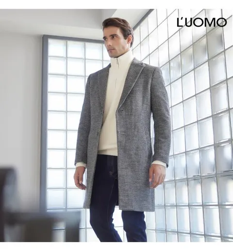 남성 울 캐시미어 블렌딩 패디드 체스터코트 체크