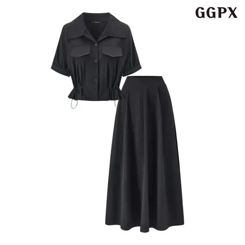[롯데백화점][지지피엑스]데일리 오픈카라 스트링 반팔 셔츠 롱 스커트 셋업 (GQBOW011D)