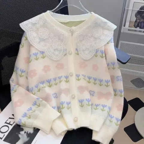 여자 할머니 봄가을 레이스카라 꽃무늬 가디건 (15401791)