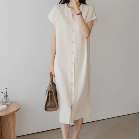 코지23 여자 클래스 단추장식 반팔 니트 V넥 롱원피스