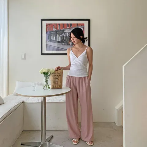 여성용 일상 레이온 린넨 와이드 바지