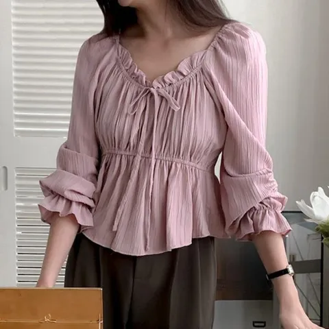 [하프클럽/여자 셔링 스트링 프릴 포인트 긴팔 블라우스