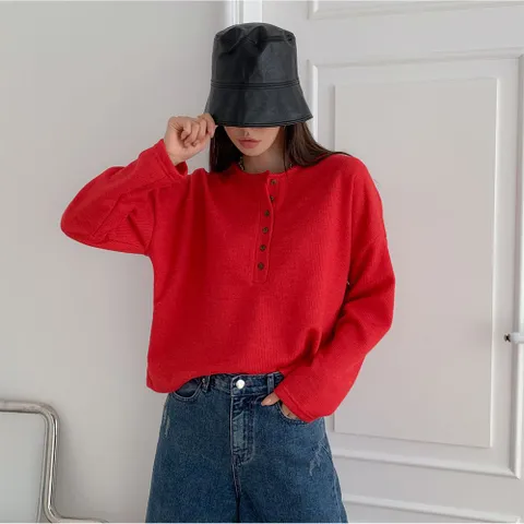 [다잇템] 여자 버튼 FW U넥 빨간니트 화이트 편한 긴팔티