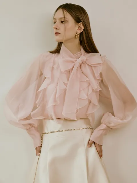 [샤틴]클레어 쉬어 러플 타이 블라우스 B251A201 420291