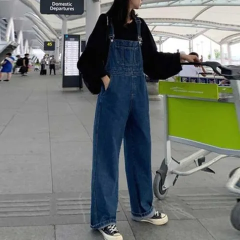 [하프클럽] 여자 귀여운 진청 멜빵 바지 패션 와이드 데님 팬츠