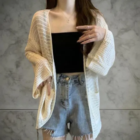 여성 여름 그물 짜임 시스루 오버핏 긴팔 롱 카디건