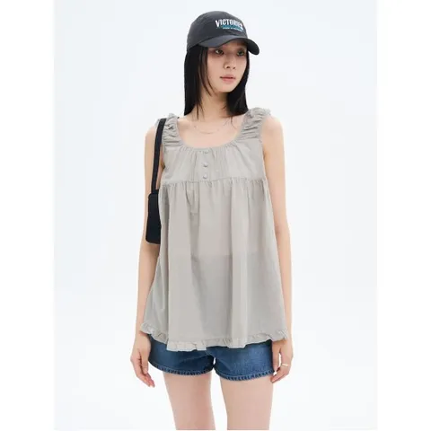 어깨 셔링 롱 블라우스  라이트 그린 (355765LYEL)