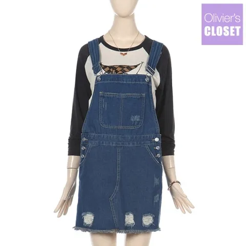 [★한정수량/패플단독★]스크레치 멜빵 데님 원피스_[O1903OP601A]