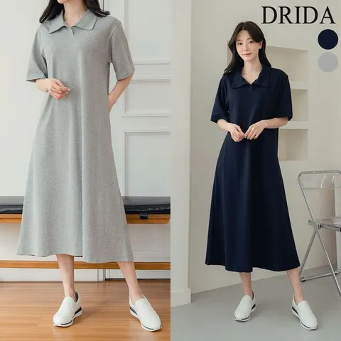 [하프클럽]  여자 여름 카라 탄탄 코튼 면 반팔 플레어 롱 맥시 곤색 원피스 40-50대 미시 캐주얼 등원