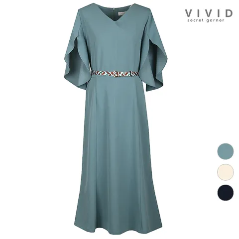 여성 튤립소매 여름 벨티드 원피스