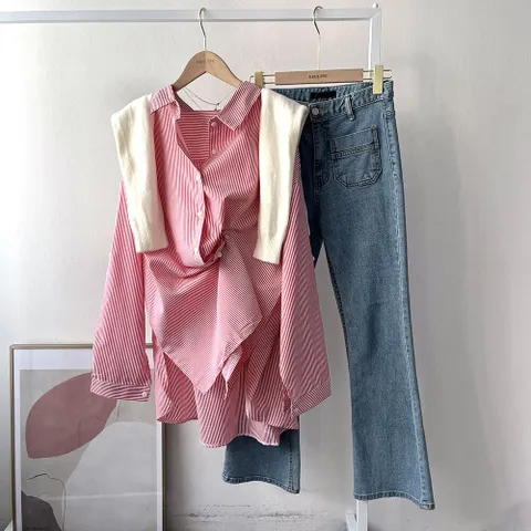 [브리치] 에르디테 / 남친 셔츠 빅사이즈 오버 여리 핏 스트라이프 롤업 롱