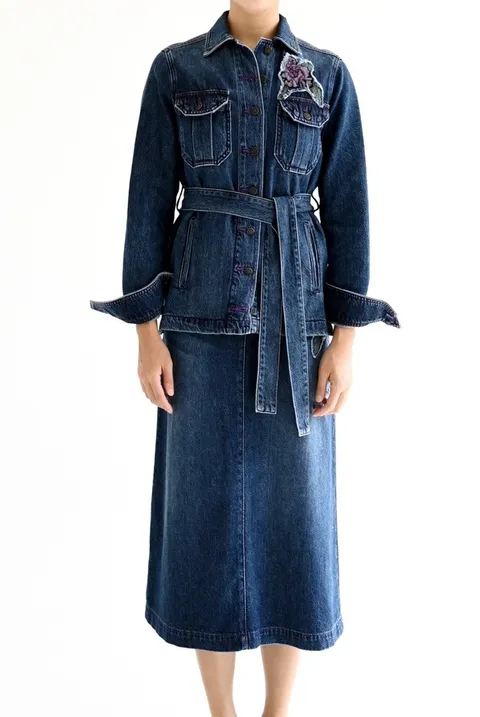 데님 자수 벨티드 자켓