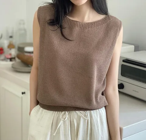 여성 린넨 민소매 라운드 숏 니트 티셔츠 마 이너티
