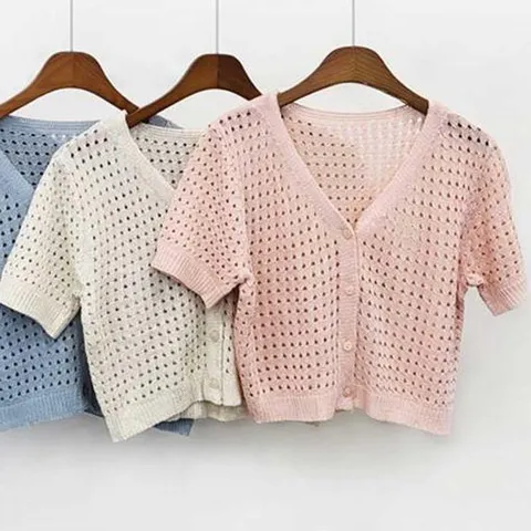 [오노마] ONM 여름 펀칭 가디건 크롭 브이넥 반팔 데일리 출근룩 (33416784)