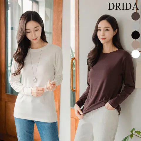 [하프클럽]  여자 겨울 기모 라운드 긴팔 면티 스판 이너 흰 티셔츠 화이트 40-50대 미시 중년 여성 캐