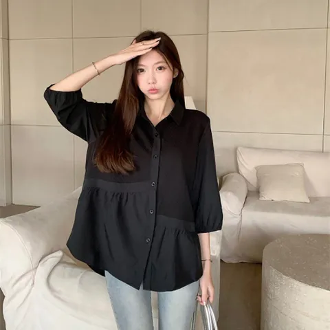 루즈핏 언발 셔링 7부 블라우스 레이스 여성