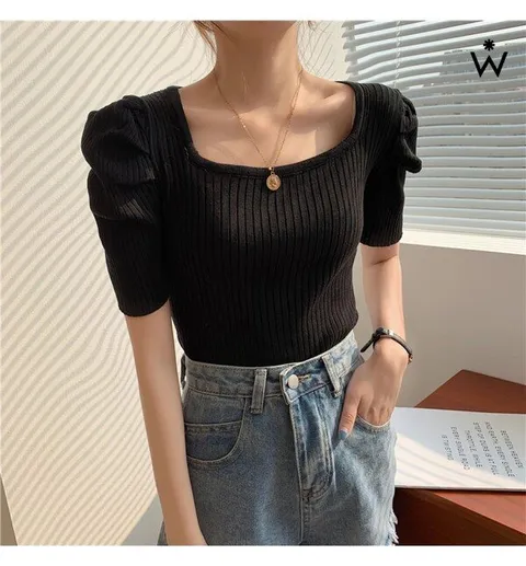 스퀘어넥 핀턱 퍼프 여름 골지 반팔 티셔츠 (WIAATS026)