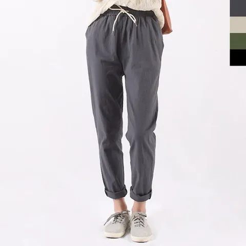여자 9부 린넨 면바지 밴딩 팬츠 보이핏 커플 배기 와이드트레이닝팬츠 핀턱슬랙스 바이커쇼츠