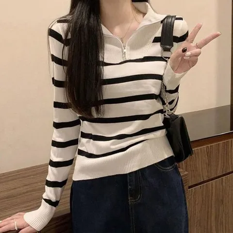 [하프클럽] 데일리 여름긴팔티 단가라 줄무늬 여성 지퍼