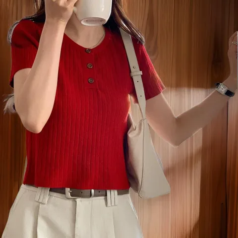 여성용 빨간색 꽃 모양 펀칭 크롭 니트 반팔티