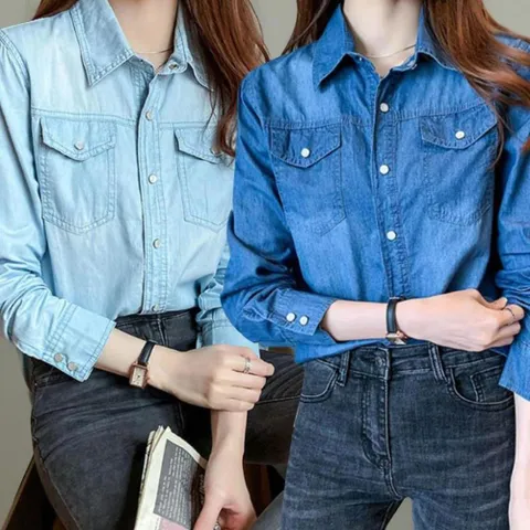 여성용 캐주얼 더블포켓 레귤러핏 카라 청셔츠