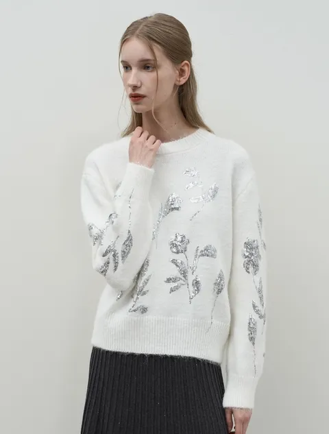 에브리데이]라운드넥 플라워 스팽글 긴팔 니트 (EB4KT013D)