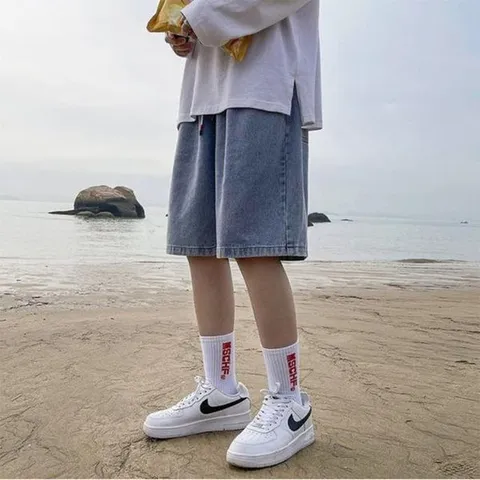 [하프클럽] 데님 와이드 밴딩 5부 청 버뮤다 팬츠 반바지