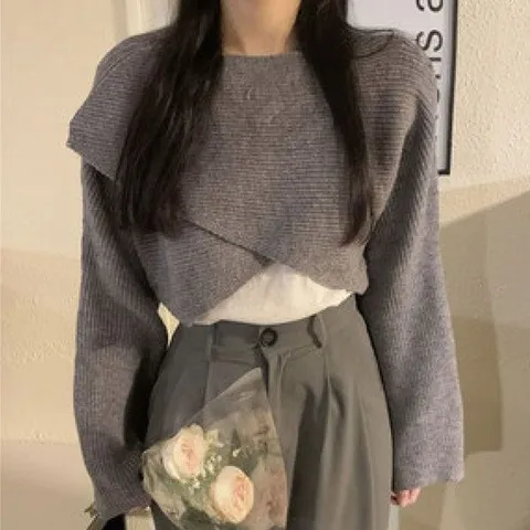 [하프클럽/모노무드] 소매 크로스 니트짜임 크롭 긴팔 티 캐주얼룩