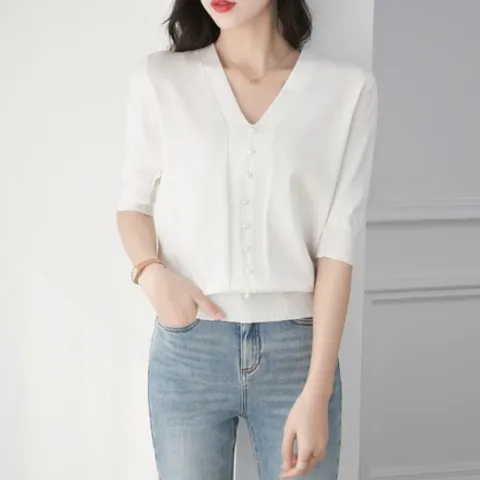 여름니트 여자 반팔 간절기 브이넥 진주포인트 니트 여성니트 니트티 여자니트 여성니트티