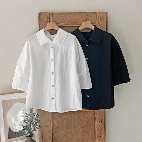 여자 썸머 바스락 카라넥 칠부 SS 데일리 셔츠