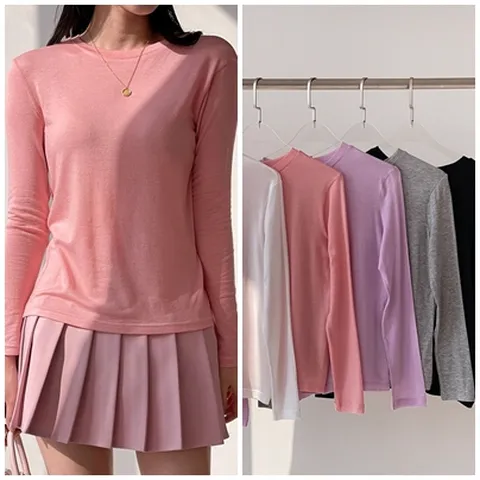 여성 스판 텐셀 무지 긴팔 라운드 티셔츠 얇은 이너티