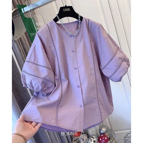 [하프클럽/보니제이]라운드 펀칭 블라우스 퍼프 반소매 3color 화이트 블루 퍼플 여름 미니단추 블라우스